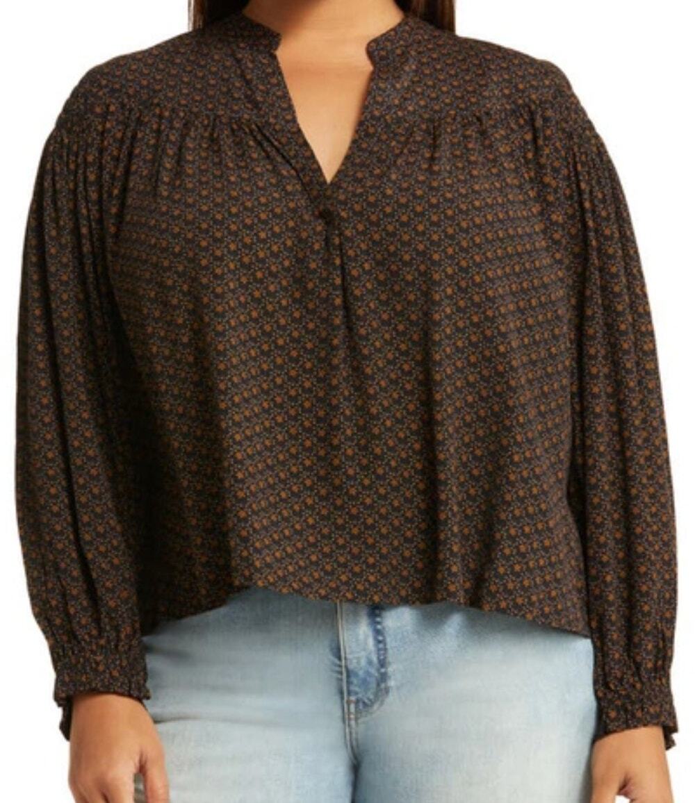 Treasure & Bond Brown Black Floral Blouson Sleeve Popover Blouse size 1X NEW Tag